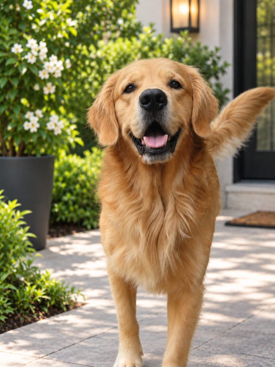Happy golden retriever in front of the doorstep
